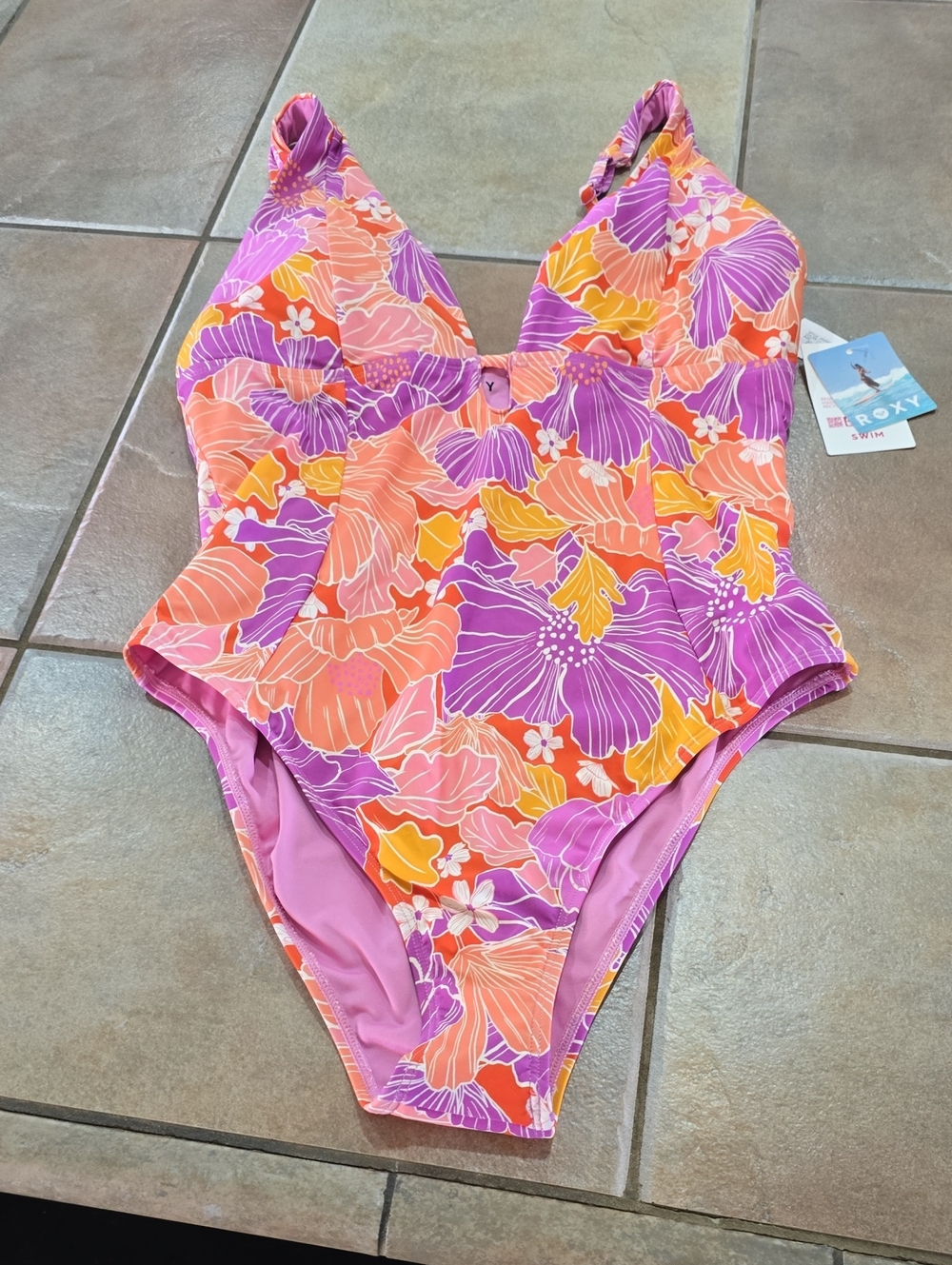 Roxy  Floral One-Piece Swimsuit - Pink, Purple & Orange Sz Xl Nwt